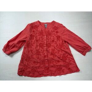 Chicos Embroidered Cotton Button Down Blouse Coral Red Size 2 Large 3/4 Sleeve